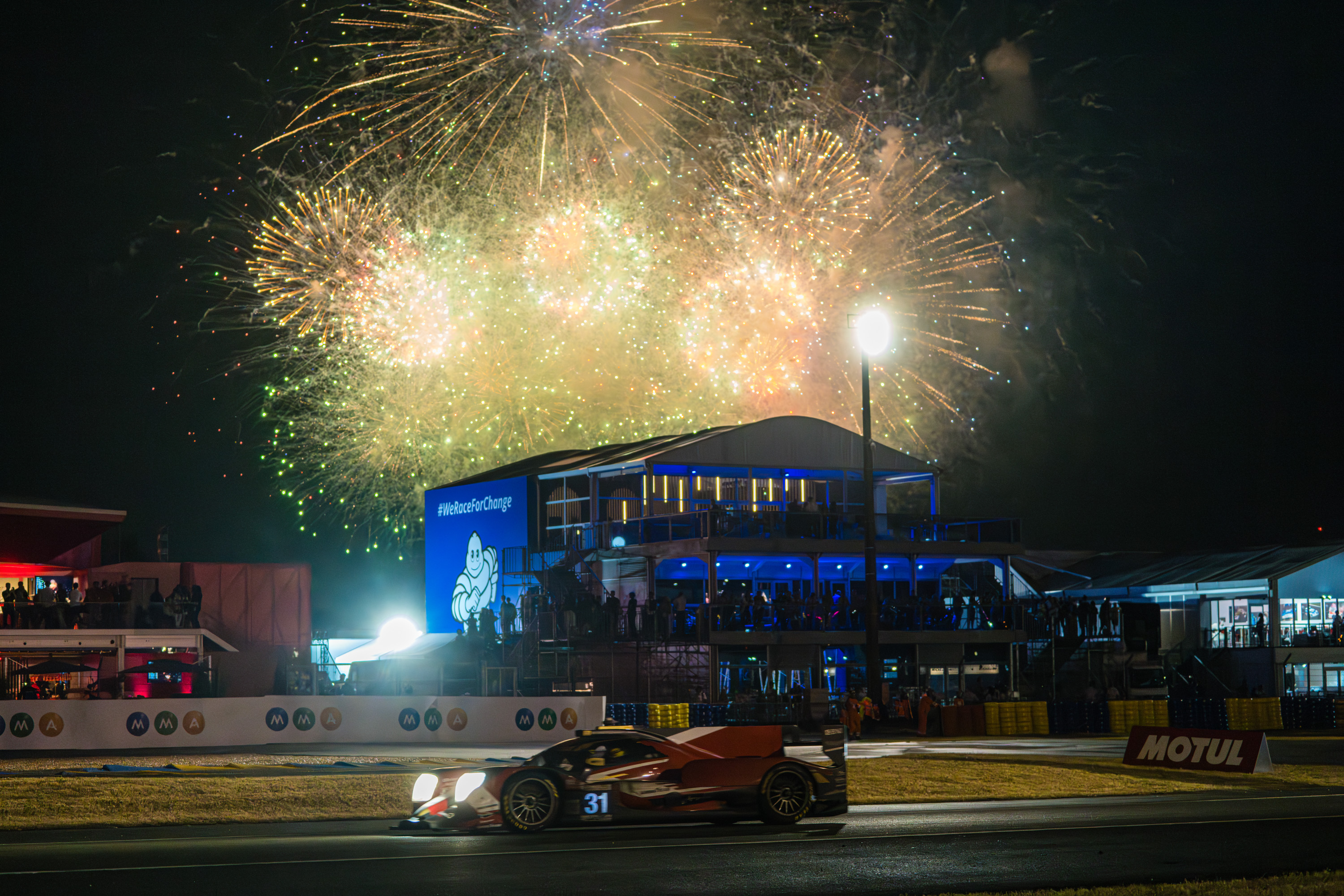 Team WRT mounts a challenge as fireworks light up the Le Mans sky